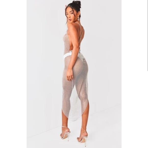 PrettyLittleThing White Rhinestone Mesh Dress with Silver Chain Straps - Picture 3 of 4